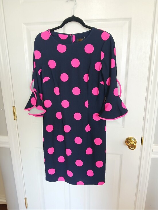 I le new york Dresses & Skirts - I Le New York Navy Dress with Bright Pink Polka Dots Bell Sleeves Wedding Guest